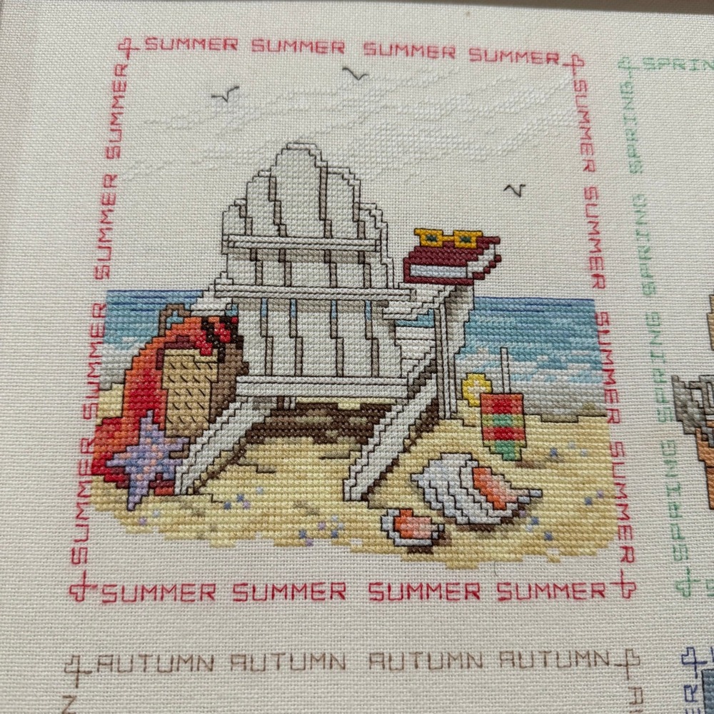 Vintage Four Seasons Cross Stitch Framed Wall Art Farmhouse Sampler - Picture 3 of 9